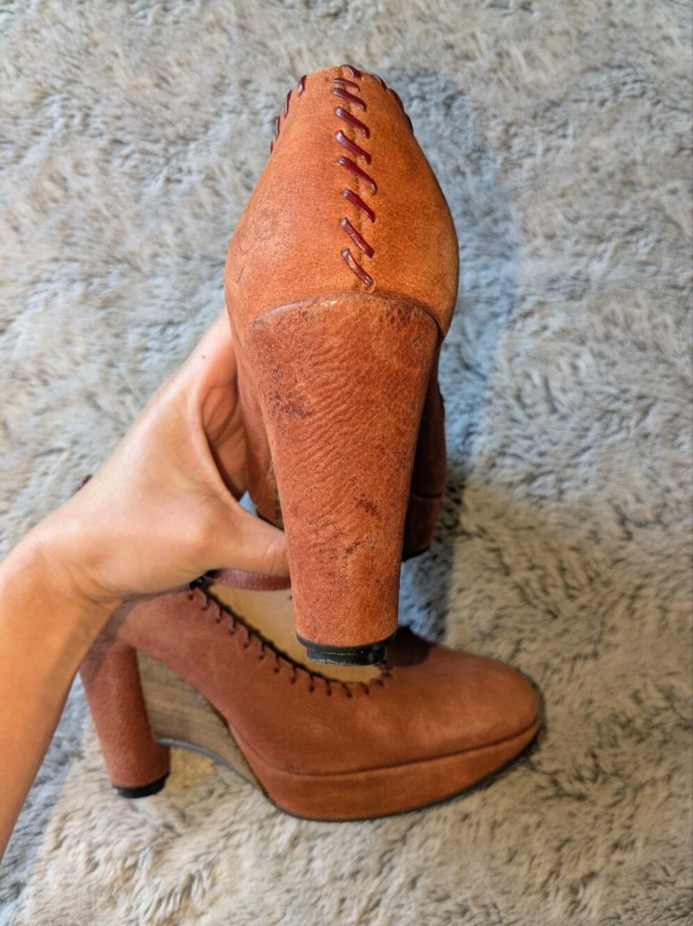 John Fluevog Gertrude Mary Janes Heels Wedges Suede Leather T Strap Size 7